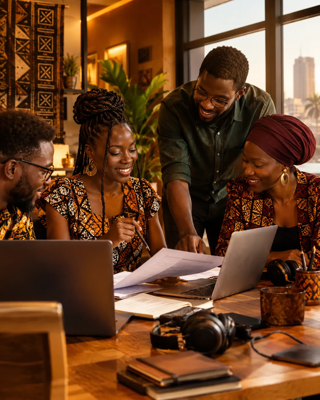 Équipe de jeunes linguistes africains travaillant ensemble dans un bureau lumineux
