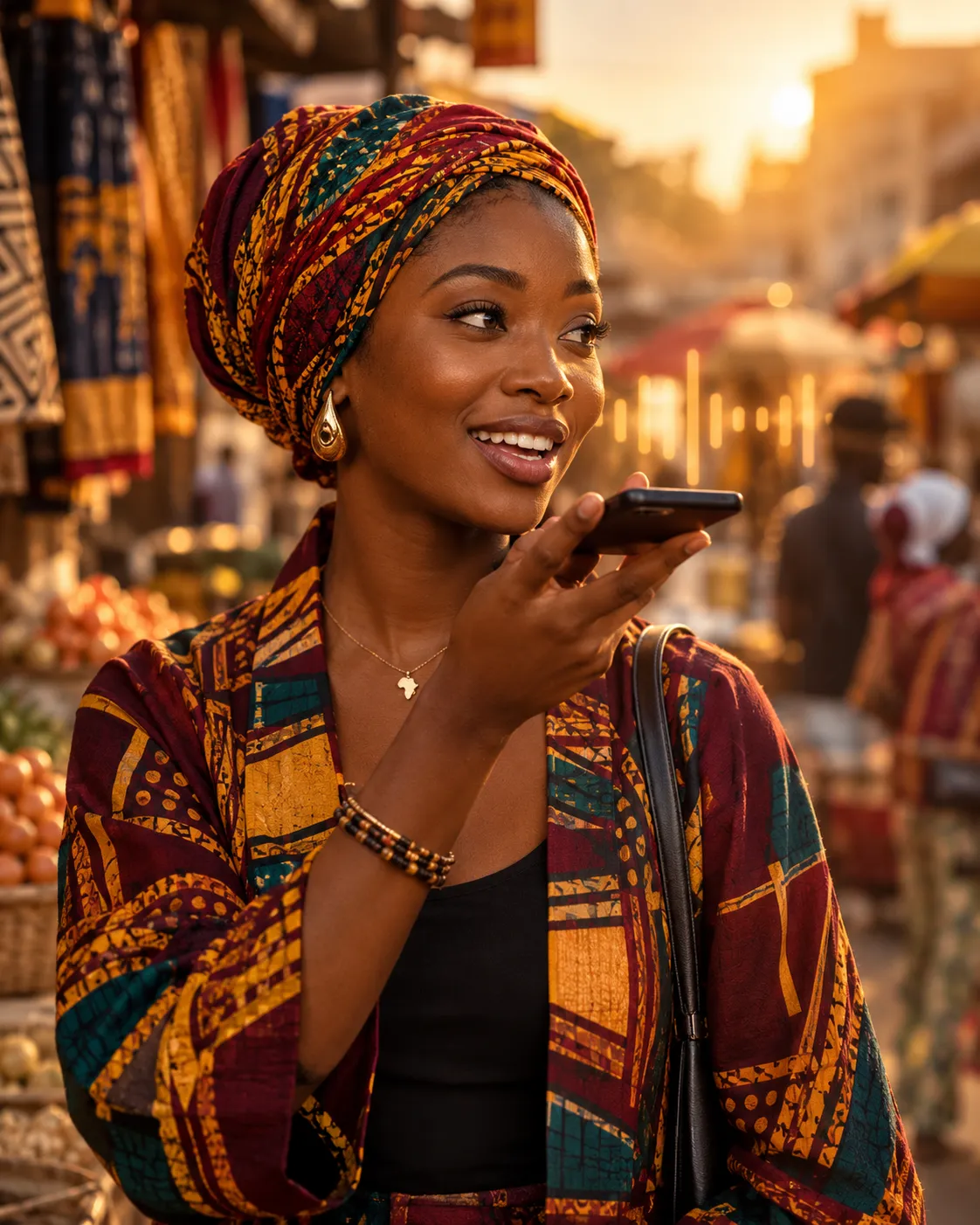 Une jeune femme africaine parle à un assistant vocal sur son téléphone dans une rue animée