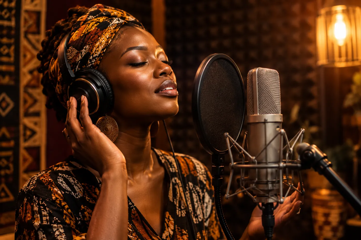 Comédienne voix africaine enregistrant en cabine