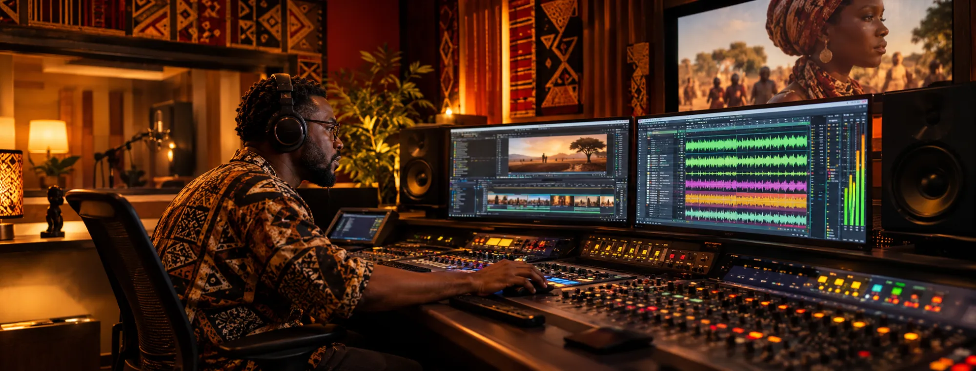 Ingénieur du son africain à sa console de mixage, des formes d'onde à l'écran